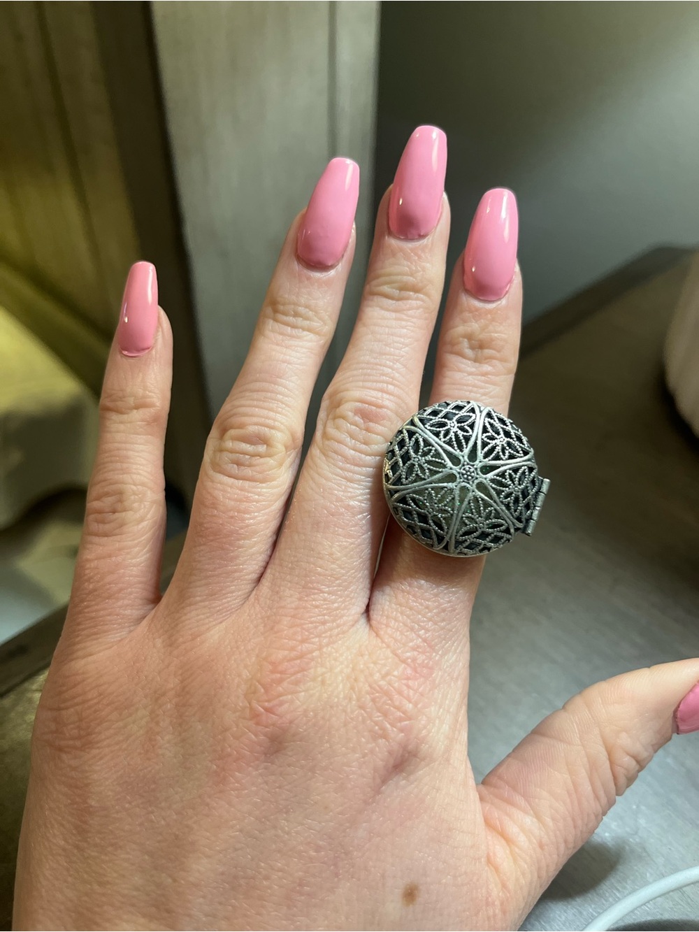 Intricate Silver-Tone Filigree Dome Statement Ring - Pink Accent